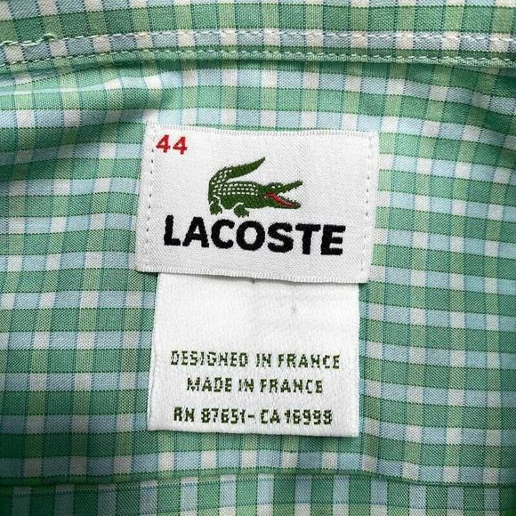 Lacoste Button Shirt 44 Green‎ White Plaid Alligator Mens - Picture 4 of 4